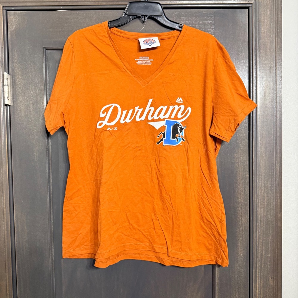 Majestic NWOT Durham Bulls MiLB Womens XXL Orange V-Neck Graphic T-Shirt Cotton